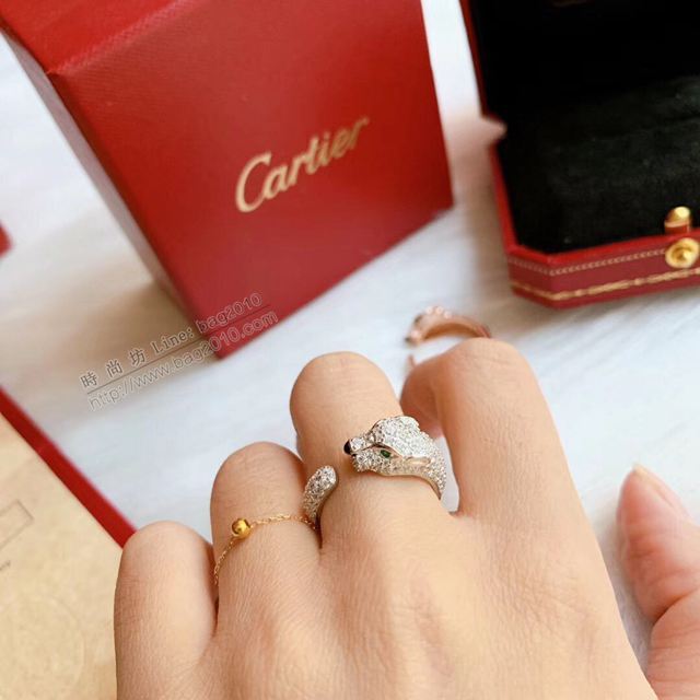 Cartier飾品 卡地亞豹子系列 滿鑽 窄版 豹子開口戒指  zgk1214